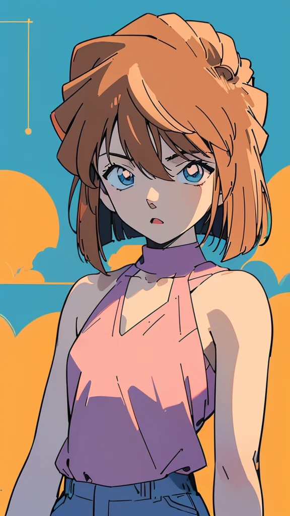 masterpiece, best quality, beautiful face, (street, upper body:1.4), anime style, (1girl in, Solo:1.0), (Haibara Ai), ((Short pants)), (((Big eyes))), (Cute anime girl head), (flat chest),looking at viewer,With a height of 100cm, shoot from front, (head shot), Simple line minimalism, Abstract Art, City background, anime opening movie