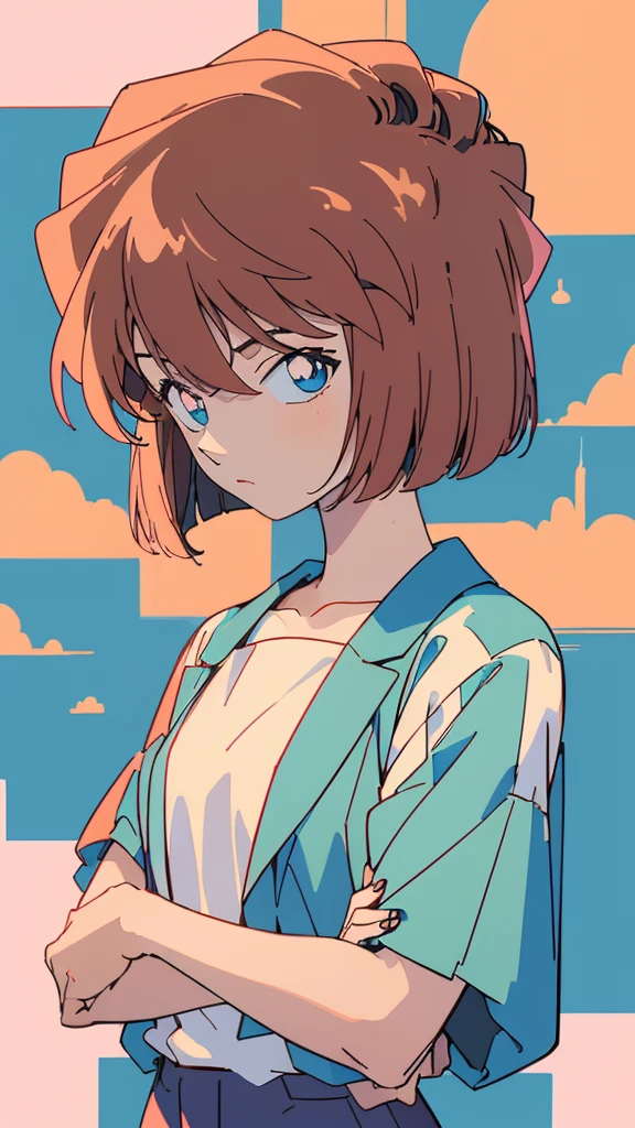 masterpiece, best quality, beautiful face, (street, upper body:1.4), anime style, (1girl in, Solo:1.0), (Haibara Ai), ((Short pants)), (((Big eyes))), (Cute anime girl head), (flat chest),looking at viewer,With a height of 100cm, shoot from front, (head shot), Simple line minimalism, Abstract Art, City background, anime opening movie