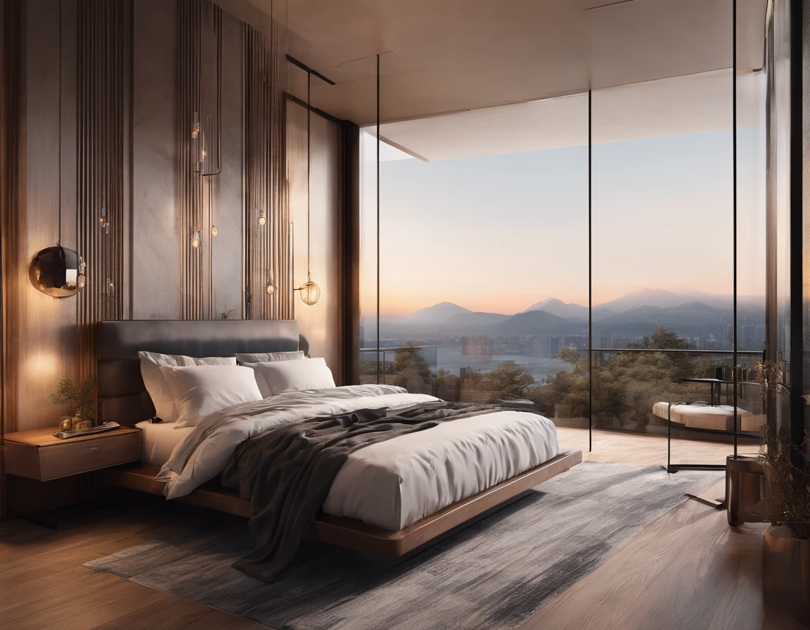 Visualize an exquisitely detailed modern bedroom with a dark-themed aesthetic. Envision sleek furniture, matte textures, and ambient lighting casting atmospheric shadows. Pay attention to minute details like the grain of wood, subtle reflections on surfaces, and the interplay of light and shadow.

Immerse the room in a dark color palette, utilizing deep tones to create a sense of sophistication and mystery. Incorporate elements like minimalist décor, abstract art, or subtle patterns on furnishings to add complexity without overwhelming the scene.

Now, imagine the bedroom at the golden hour, with warm sunlight streaming through large, strategically placed windows. The view from these windows should be nothing short of spectacular—perhaps an urban skyline, serene landscape, or a combination of both. Capture the warm hues of the golden hour bathing the room in a soft, ethereal glow, creating a captivating contrast with the dark interior.

Consider the details outside the windows: distant city lights, the sun setting on the horizon, or natural elements that add depth to the view. Highlight the transitional moment of the golden hour, where the interplay of light and dark creates a unique and enchanting atmosphere within the room.

This prompt aims to inspire a highly detailed depiction of a dark-themed modern bedroom with a spectacular view during the golden hour, blending sophistication, mystery, and the warmth of natural light.