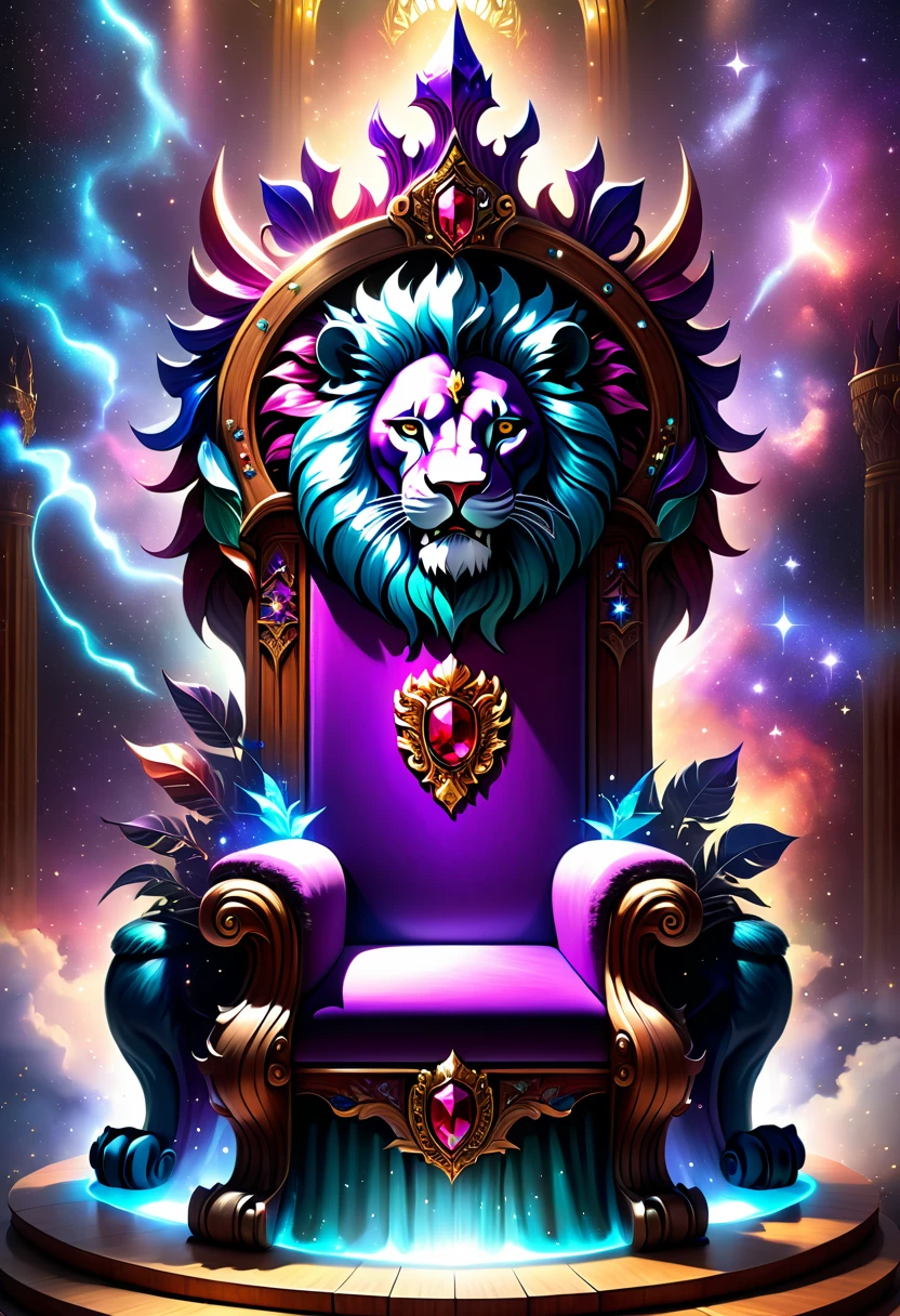 a picture of a massive epic throne, it has purple silk cushions, rubies, topaz, aquamarine gemstones artwork, the throne is epic in its majestic, power, and royalty, symmetric with many wood leonine carvings on the handle, (a roaring lion head carved on the top of the seat of the throne: 1.3), there is and gem artwork, behind the throne there are stars and nebulas of space a sense of high royalty, nobility and magic , (masterpiece: 1.4) intense details, highly detailed, photorealistic, best quality, highres,16k, [ultra detailed], masterpiece, best quality, (extremely detailed), close up, ultra wide shot, photorealistic, RAW, fantasy art, dnd art, fantasy art, realistic art,((best quality)), ((masterpiece)), (detailed: 1.5), ladyshadow, RagingNebula