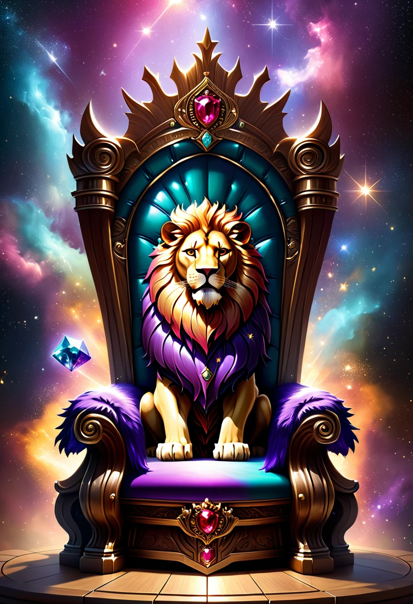 a picture of a massive epic throne, it has purple silk cushions, rubies, topaz, aquamarine gemstones artwork, the throne is epic in its majestic, power, and royalty, symmetric with many wood leonine carvings on the handle, (a roaring lion head carved on the top of the seat of the throne: 1.3), there is and gem artwork, behind the throne there are stars and nebulas of space a sense of high royalty, nobility and magic , (masterpiece: 1.4) intense details, highly detailed, photorealistic, best quality, highres,16k, [ultra detailed], masterpiece, best quality, (extremely detailed), close up, ultra wide shot, photorealistic, RAW, fantasy art, dnd art, fantasy art, realistic art,((best quality)), ((masterpiece)), (detailed: 1.5), ladyshadow, RagingNebula