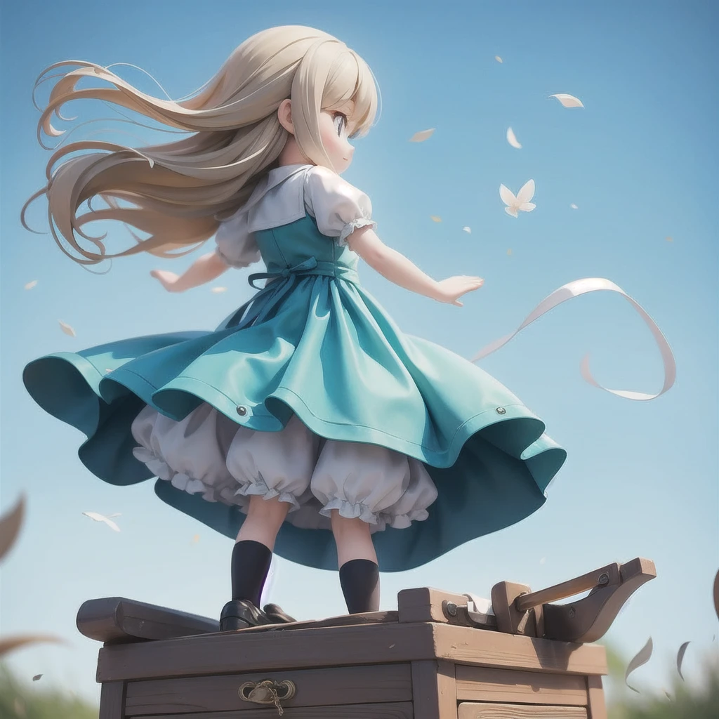 girl 、Medieval translucent dress with panniers、Fabric Realism、Low Angle、wear bloomers、You can see the drawer、Pull up the hem of your dress with your hands、Strong winds、blue sky