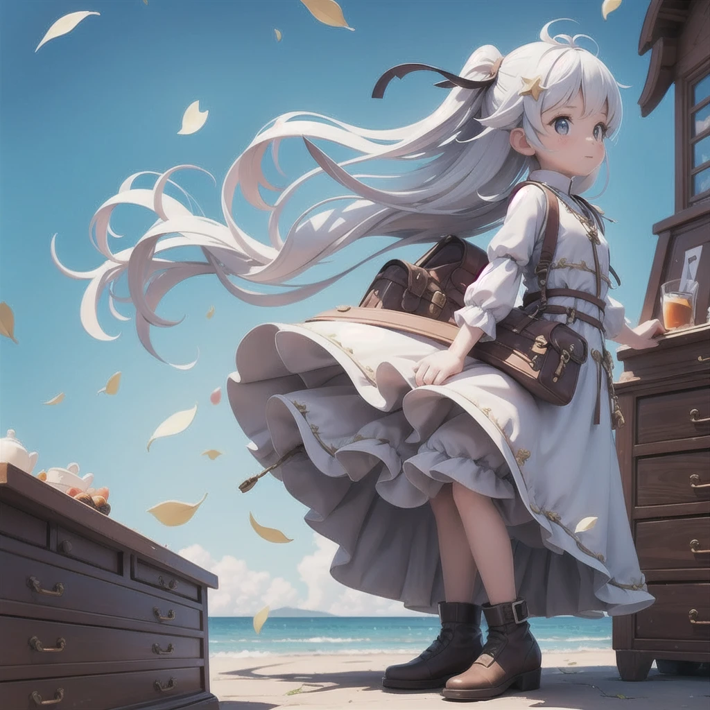 girl 、Medieval translucent dress with panniers、Fabric Realism、Low Angle、wear bloomers、You can see the drawer、Pull up the hem of your dress with your hands、Strong winds、blue sky