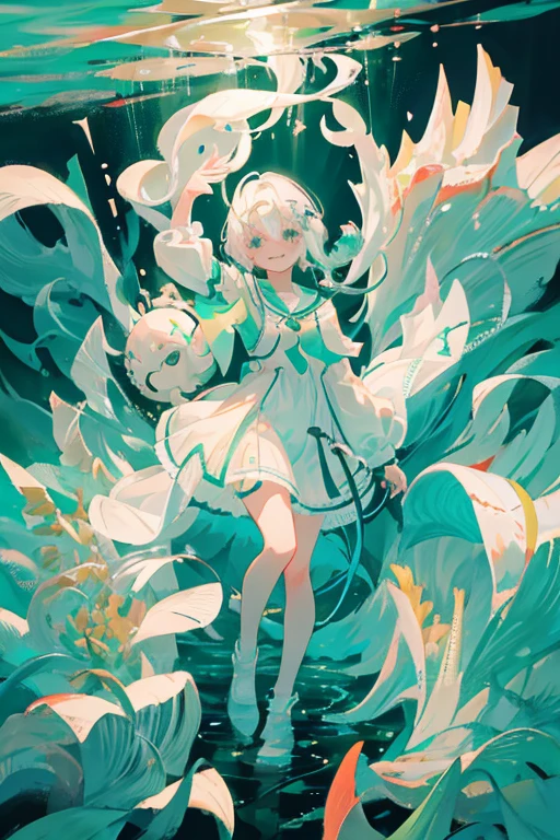 1girl, {young}, white hair, white dress, flat chest, Eldritch horror waifu, 1 eye, barnicles covering left eye, smiling, arms wide open, underwater, deep sea, abyss, green water, Lovecraftian