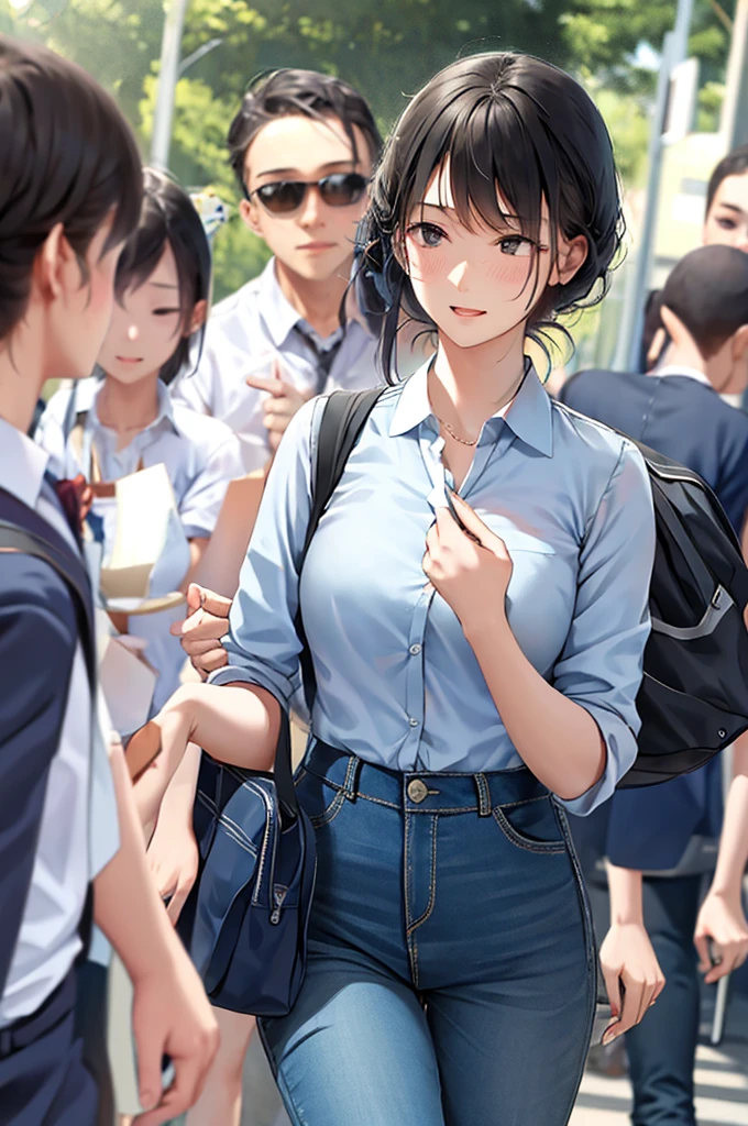 1 girl, anatomically correct, short black hair, beautiful blue eyes, Japanese schoolgirl outfit, flashing her breasts, flashing her tits, lifting her shirt, small breasts, naked breasts, embarrassed expression, shy expression, ashamed, looking away, ashamed expression, surrounded by classmates, classmates in the background, classmates standing behind her, classmates taking pictures of her, many classmates in the background, classmates behind her, classmates in the background, classmates looking at her, classroom background, 8k, best quality