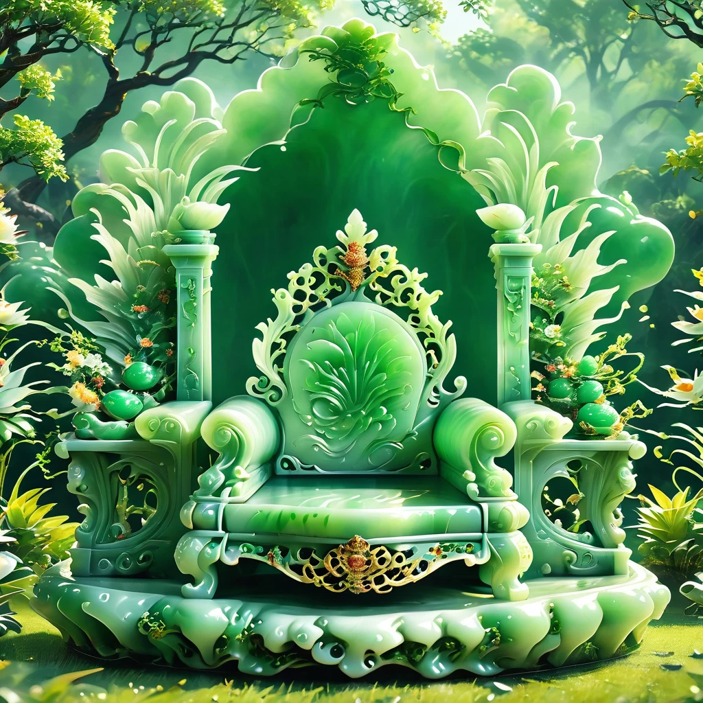 best quality, very good, 16K, ridiculous, Very detailed, gorgeous((( Throne 1.3))),Made of translucent jadeite, Background grassland((A masterpiece full of fantasy elements))), ((best quality)), ((Intricate details))(8K)