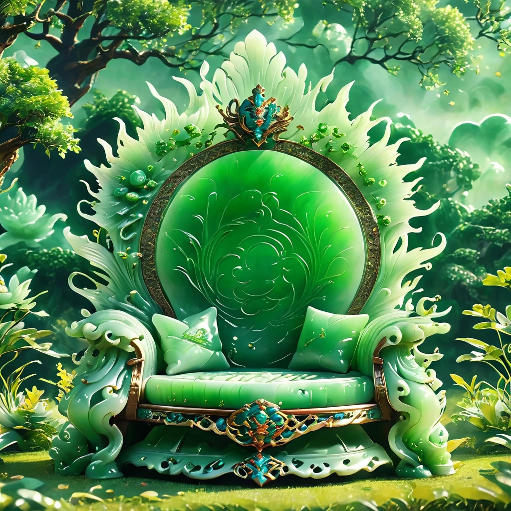 best quality, very good, 16K, ridiculous, Very detailed, gorgeous((( Throne 1.3)))，Made of translucent jadeite, Background grassland（（A masterpiece full of fantasy elements）））， （（best quality））， （（Intricate details））（8K）
