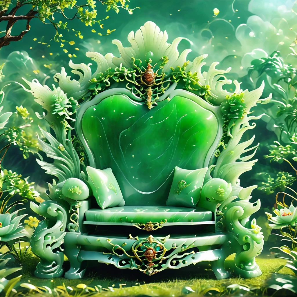 best quality, very good, 16K, ridiculous, Very detailed, gorgeous((( Throne 1.3))),Made of translucent jadeite, Background grassland((A masterpiece full of fantasy elements))), ((best quality)), ((Intricate details))(8K)
