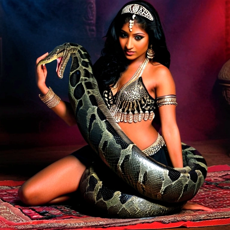 Happy Horny, aroused 1girl), beautiful kneeling Indian young belly dancer with giant colossal black titanboa squeezing her hard, wrapped in thick spiraling coils, constricted, struggle, gasping for air, snake attack, snake peril, moonless night, dim light