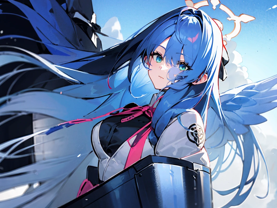 One Girl、Mine Aomori(Blue Archive)、{{Highest quality}}、Blue Hair、Halo、Blue wings、Green Eyes、shield、Flying in the sky、Purple flash