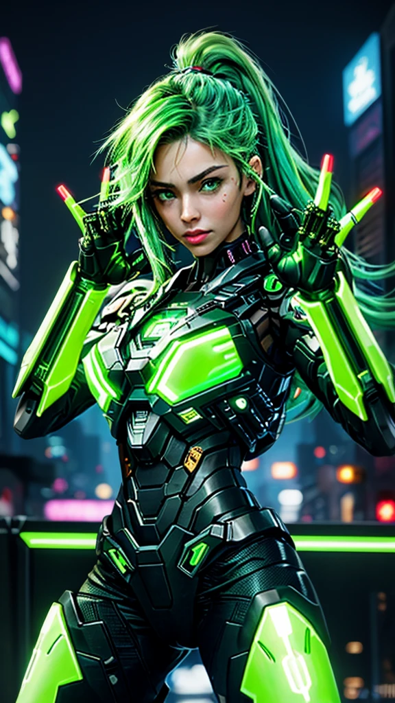 cyborg girl, machine gun hand, green eyes, cyberpunk city background, neon light, neon hair, greeting pose, masterpiece, ultra high details