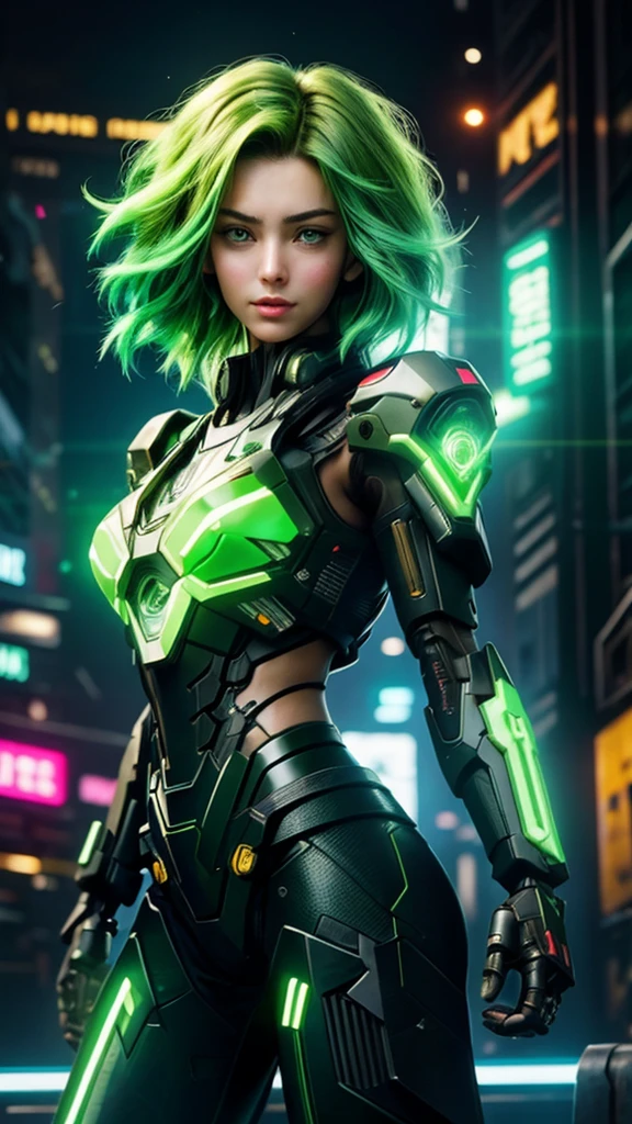 cyborg girl, machine gun hand, green eyes, cyberpunk city background, neon light, neon hair, greeting pose, masterpiece, ultra high details