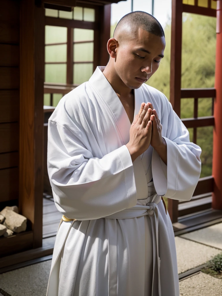 Highest quality,Highest Resolution,A skinhead monk wearing a robe prays with his hands together,Halo,Japanese,Japanese temple grounds,