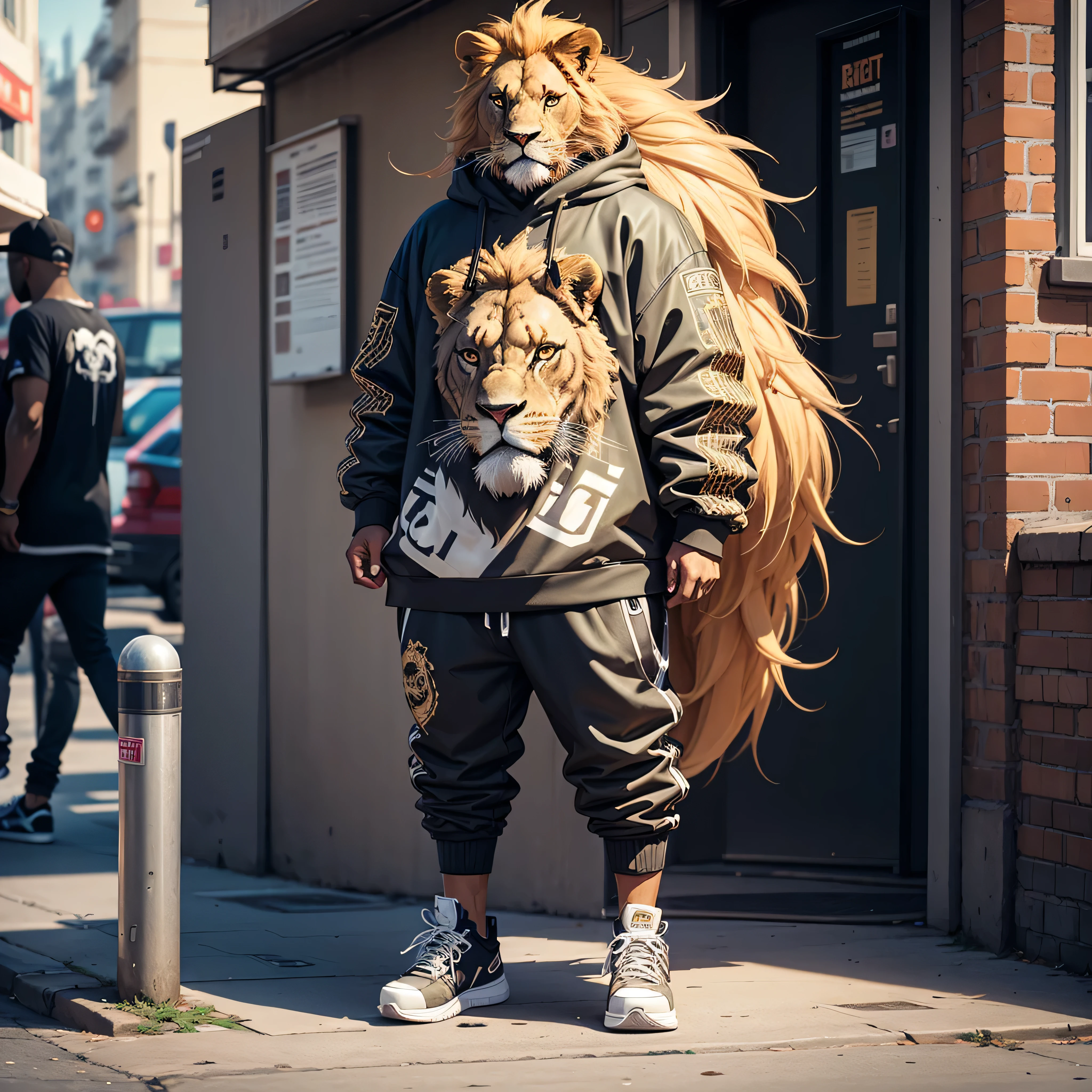 pixelart Generates an image of a lion on the street, with current rapper style clothing, Show full body, Transparent background.