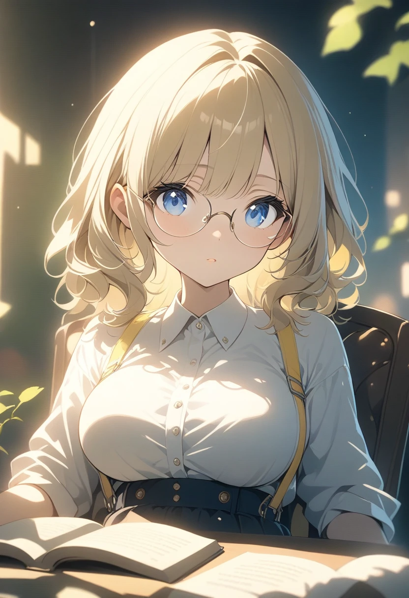 alone, One girl, masterpiece, Highest quality, Very detailed, Cinema Lighting, Exquisite detail, High resolution, Official Art, Beautifully detailed face and eyes, High resolutionのイラスト, 8K, Dark intense shadows, Exposure, [Blonde/Brown Hair], Single Blade, blue eyes, Glasses, Conceit, Sitting in a chair, Upper Body, Large Breasts, White shirt, Yellow suspenders, Book_stack, library, ((vine)), Rose, Looking at the audience