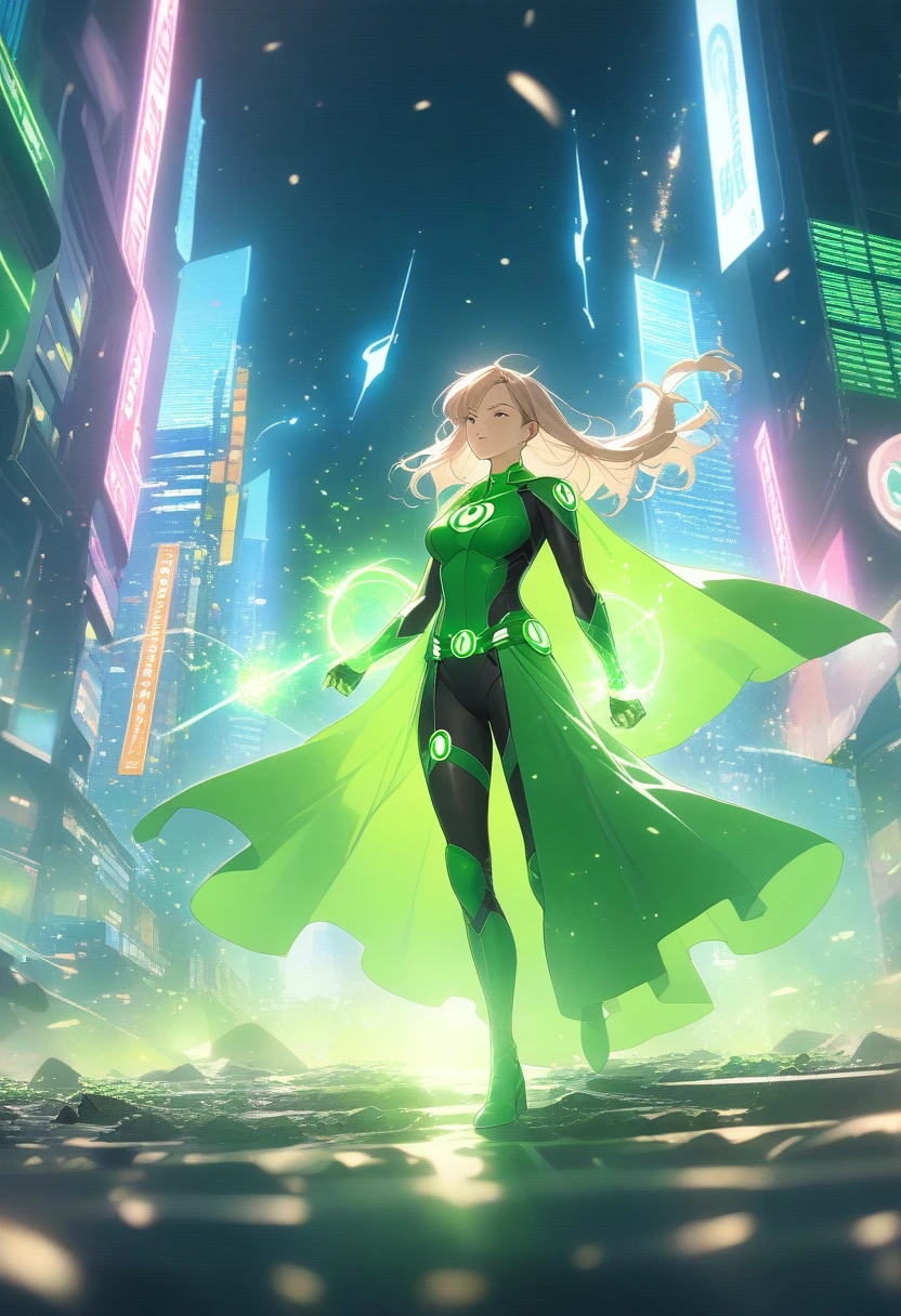 A scene from a movie, Woman dressed as a Green Lantern in DC, Very detailed, Futuristic cityscape, at night, Shining neon lights, cigarette, spark, Metal shavings, flying debris, blue energy effects, Volumetric Light