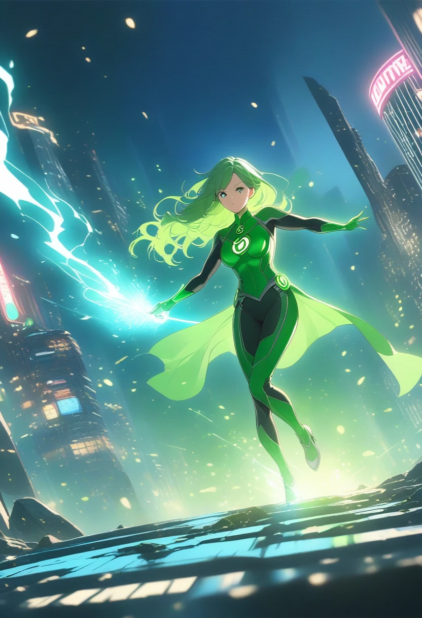 A scene from a movie, Woman dressed as a Green Lantern in DC, Very detailed, Futuristic cityscape, at night, Shining neon lights, cigarette, spark, Metal shavings, flying debris, blue energy effects, Volumetric Light