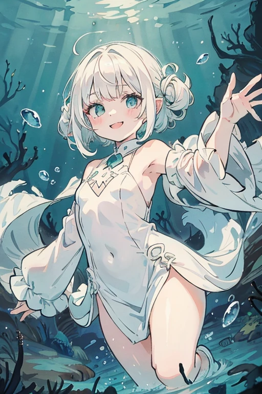 1girl, {young}, white hair, white dress, flat chest, Eldritch horror waifu, 1 eye, barnicles covering left eye, smiling, arms wide open, underwater, deep sea, abyss, green water, Lovecraftian