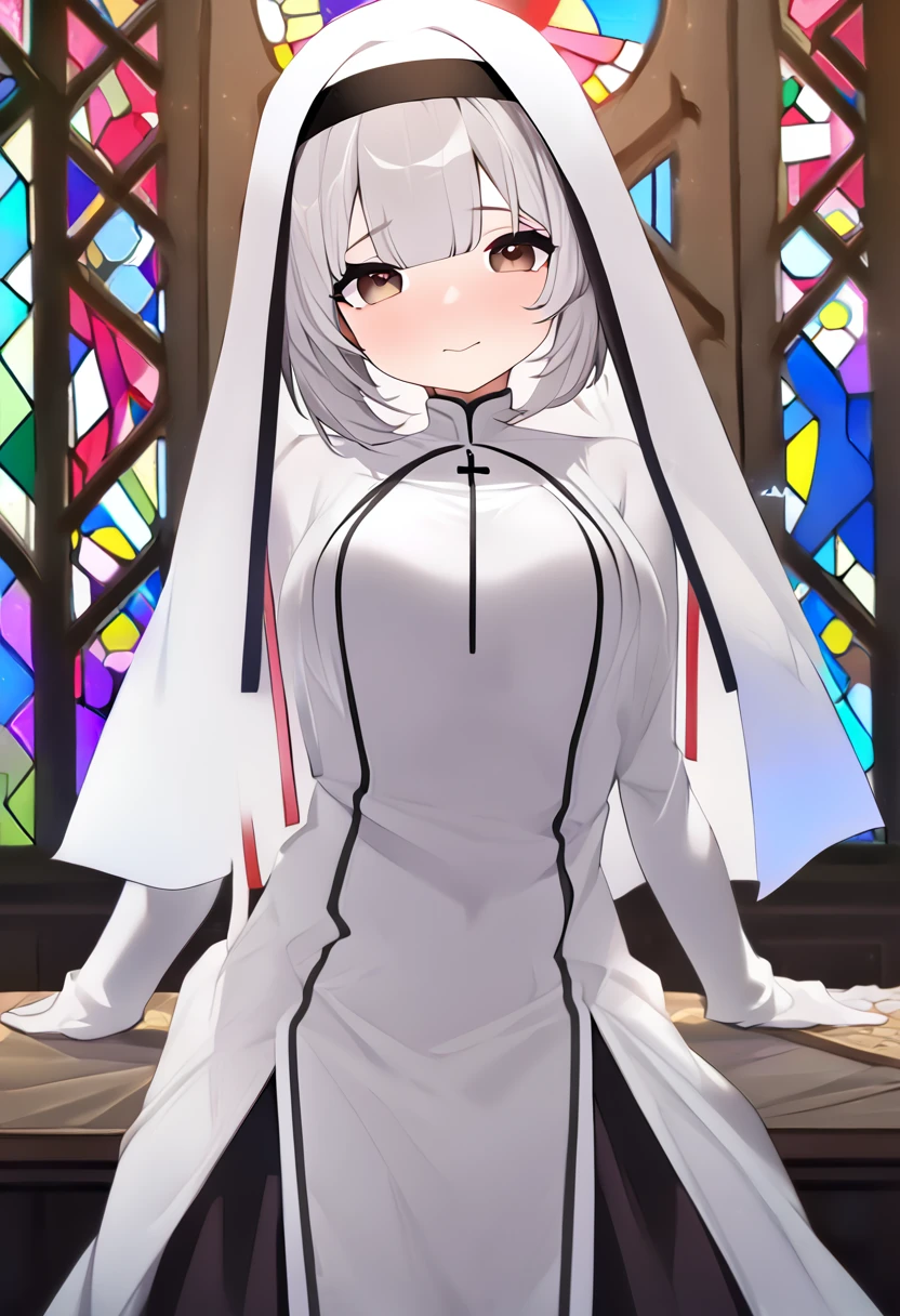 best quality, super fine, 16k, incredibly absurdres, extremely detailed, 2.5D, delicate and dynamic depiction, beautiful and cute nun, wearing pure white monastery uniform, silver bob cut, blunt bangs, pink cheeks, droopy brown eyes, background monastery with stained glass