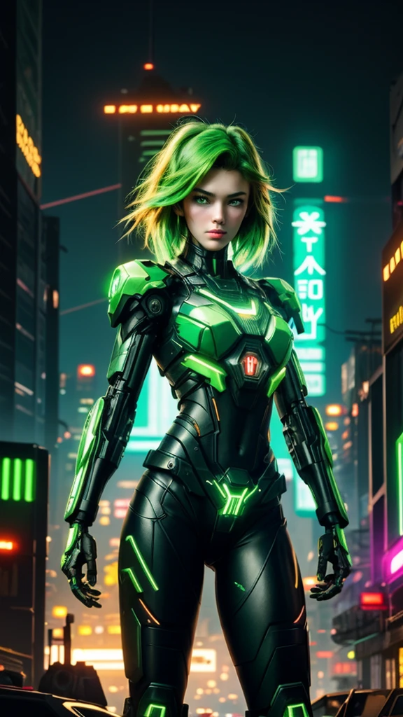 cyborg girl, machine gun hand, green eyes, cyberpunk city background, neon light, neon hair, greeting pose, masterpiece, ultra high details