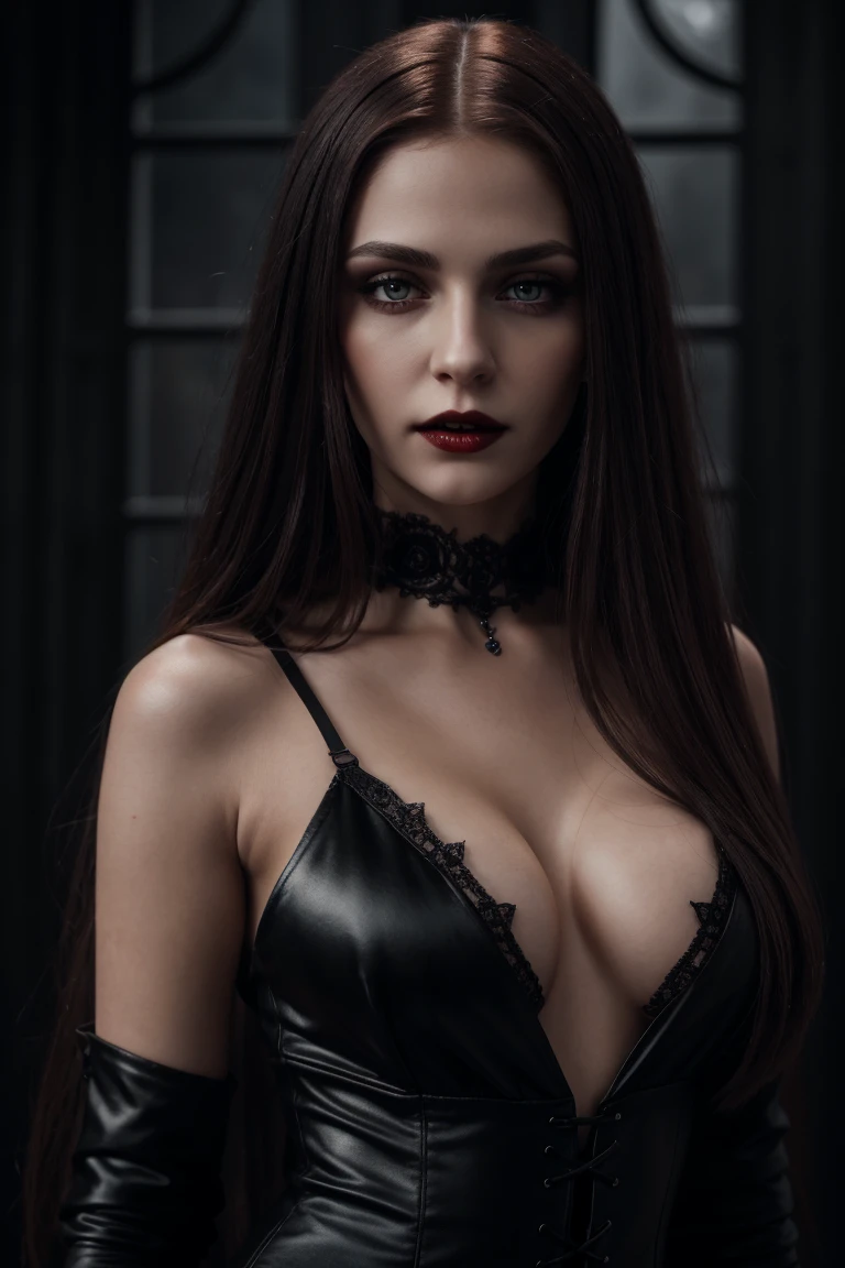 Photorealistic portrait of a vampire girl, У нее long light hair, Young woman, standing at full height in the dark, She is wearing a black short dress with a plunging neckline, Beautiful breasts, detailed chest, Black openwork stockings, black high heels, Detailed face, dark makeup, Seductive look, (sexual) Outside, fangs visible, Blood runs down his lips, bright glowing eyes. long light hair, realism, pale detailed skin, bright red eyes, very detailed skin, loose hair, Realistic skin, Gothic attire, Canon,4K, mysterious, Gothic, Sexy beautiful vampire girl, High 8K Image Quality, detailed image 16K.