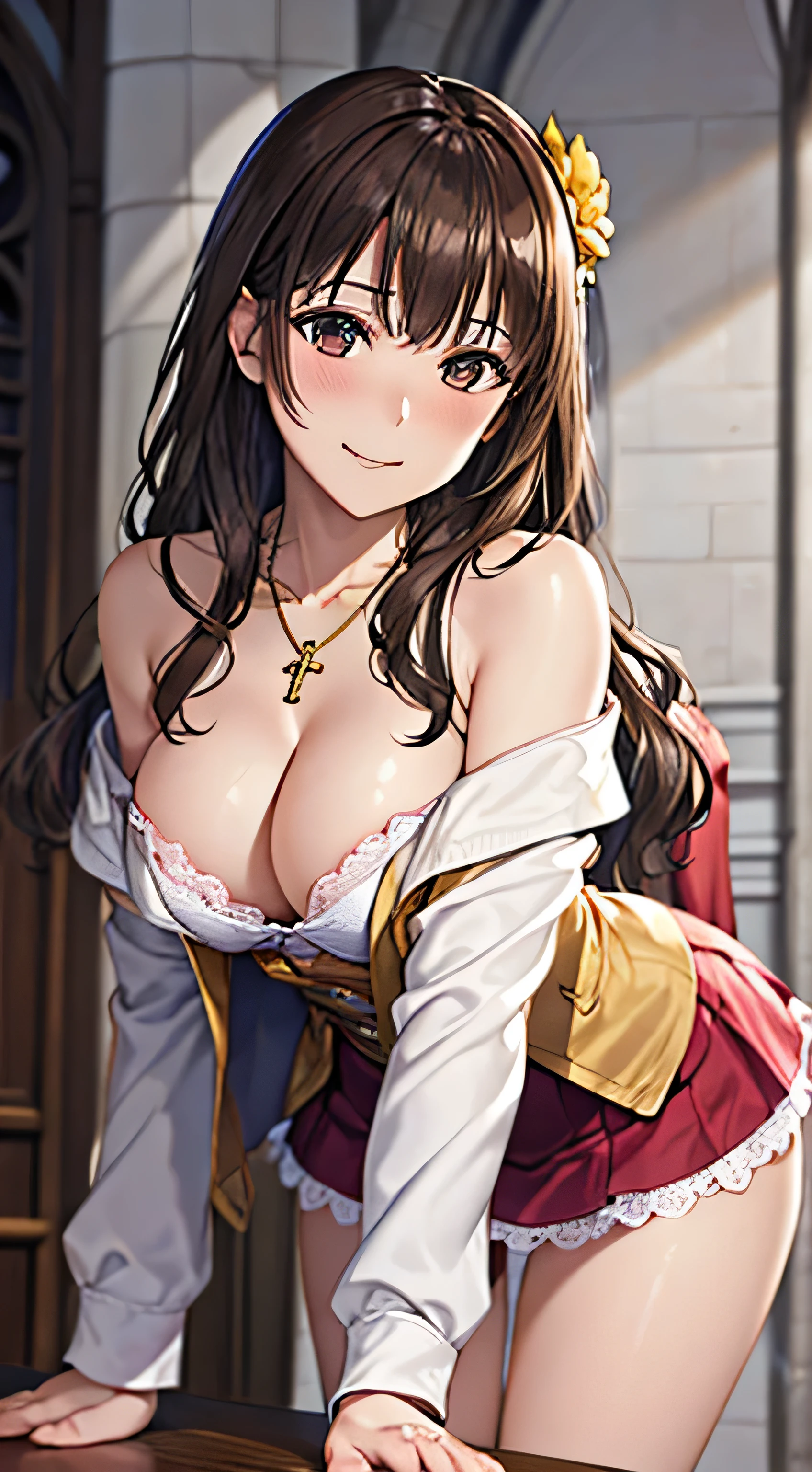 ((Tabletop, Highest quality, High resolution, , Pixel Perfect, 4K,))), 1 female, 、The whole body is visible、 ((Long Wavy Hair, bangs, Brown Hair)), ((Brown eyes, Beautiful eyelashes, Realistic eyes)), ((Detailed face, Blushing:1.2)), ((Smooth texture:0.75, Realistic texture:0.65, Realistic:1.1, Anime CG Style)), Medium sized breasts, Dynamic Angle, Perfect body, (( , , Beautiful Priest、、 Priest off-shoulder jacket、Priest Flare Skirt、、)), Gold Hair Ornament、Cross Necklace、、Very embarrassing panic smile, 、Gorgeous church basilica、、Hold a big Bible、Leaning forward、Stick your butt out、Lace pink panties、Sitting on the floor、Nipples are slightly visible、、、、、 、Angle from below)、