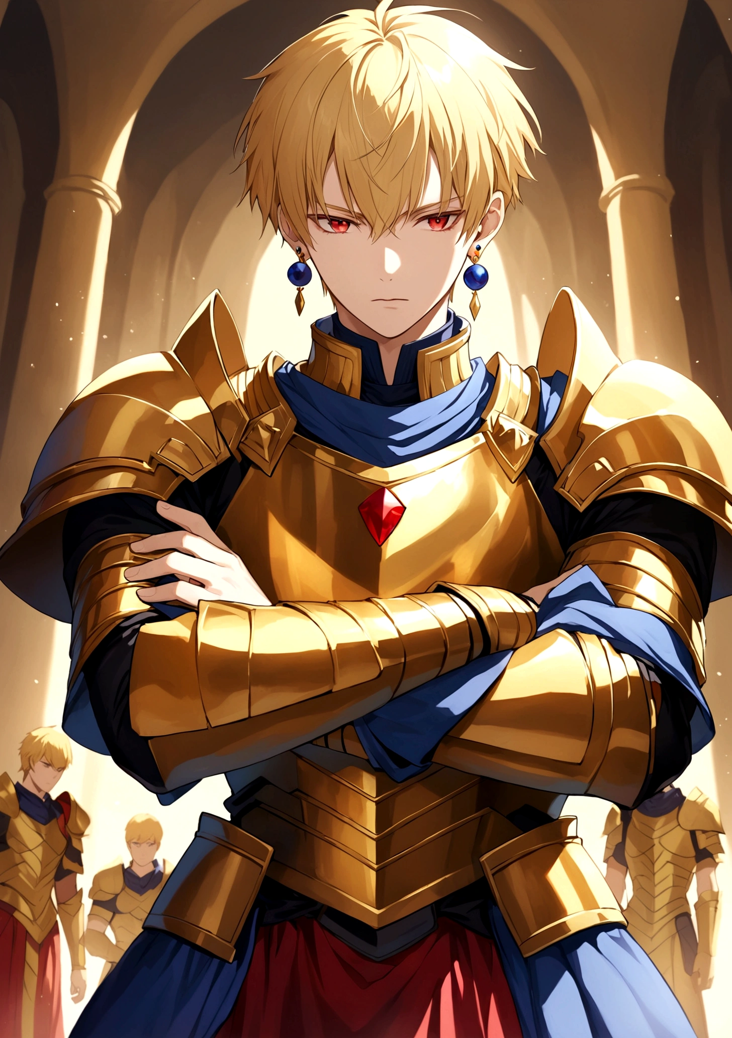 solo, short hair, blonde hair, red eyes, 1boy, jewelry, male focus, earrings, armor, crossed arms, gold armor, gilgamesh \(fate\)