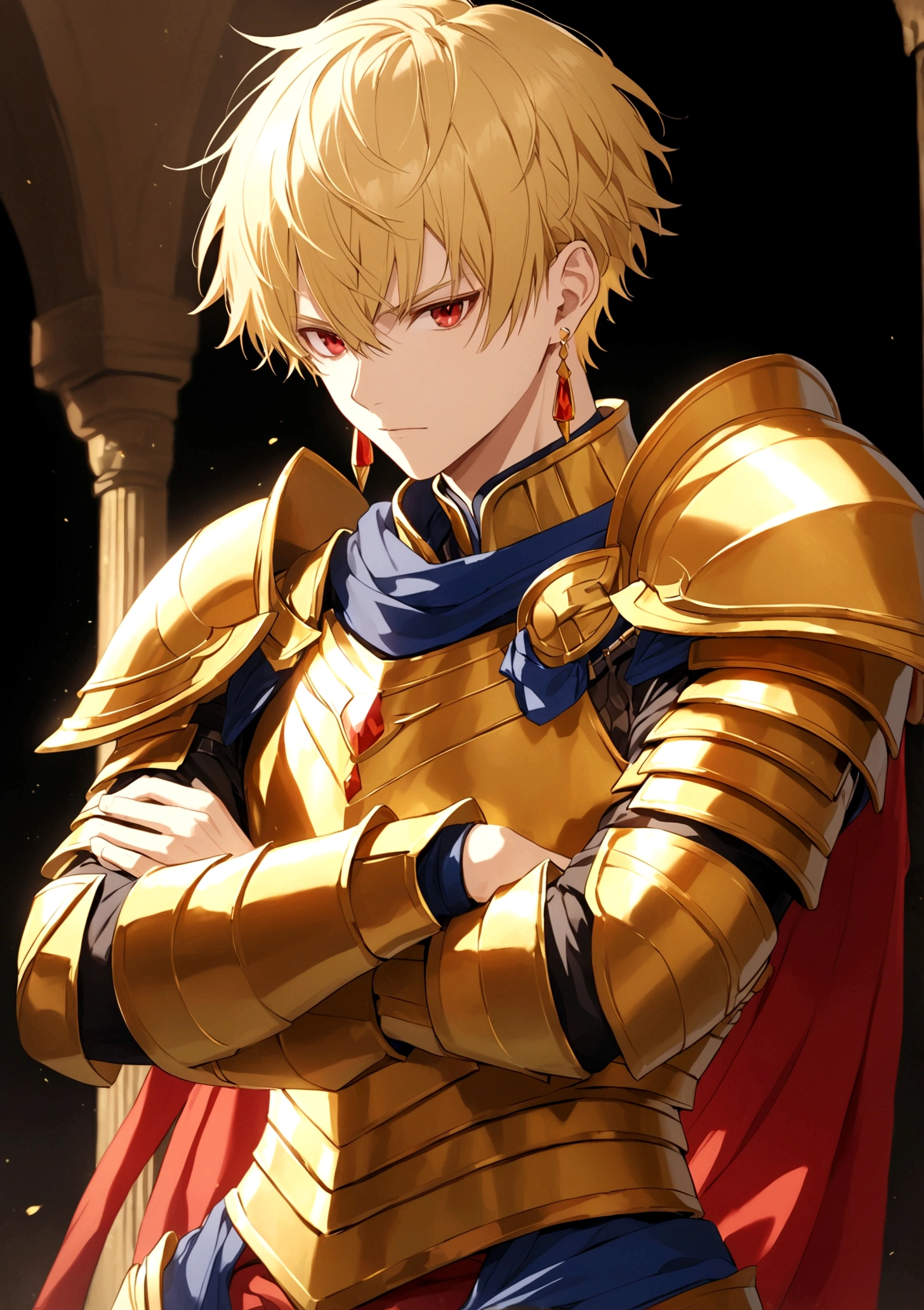 solo, short hair, blonde hair, red eyes, 1boy, jewelry, male focus, earrings, armor, crossed arms, gold armor, gilgamesh \(fate\)