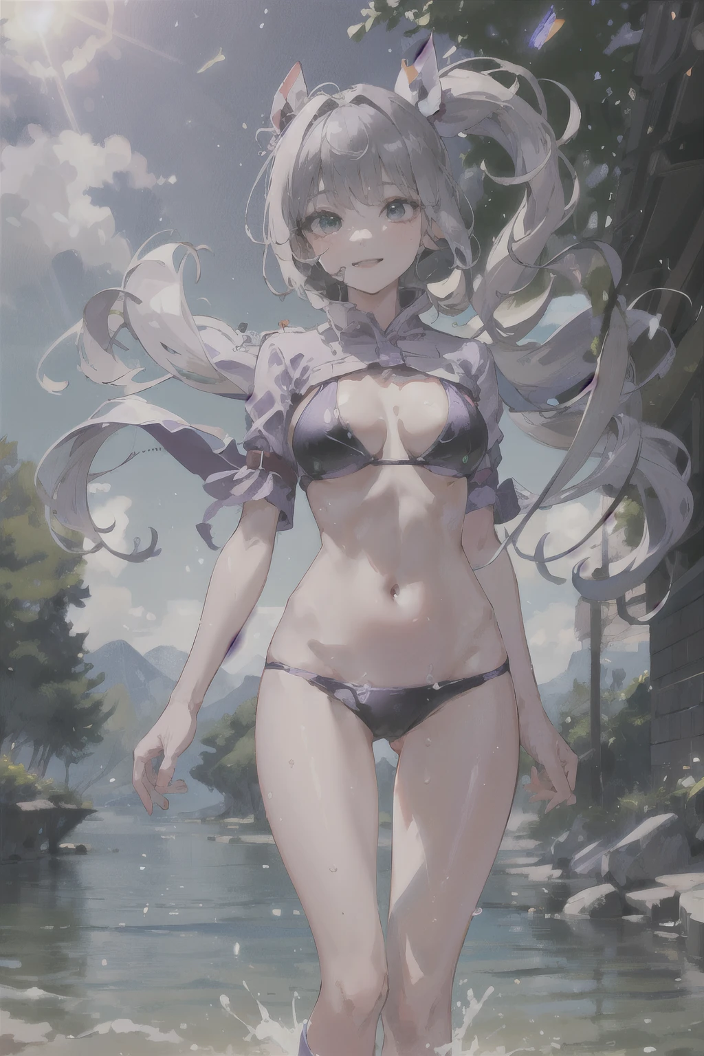 masterpiece, 4K, (lens flare:1.4), (wind:1.4), river, a girl, happy, smiling, looking at viewer, streaked hair ((black:1.4)) ((purple:1.4)), green eyes, pale skin, slender, bikini, 20-year-old, in the river, water splash, kawaii, ground level shot