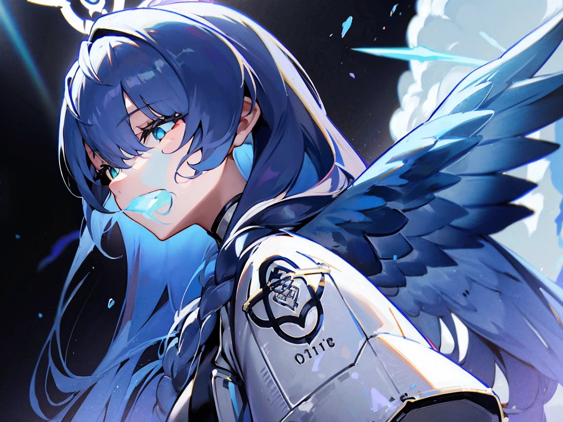 One Girl、Mine Aomori(Blue Archive)、{{Highest quality}}、Blue Hair、Halo、Blue wings、Green Eyes、shield、Flying in the sky、{Purple flash}