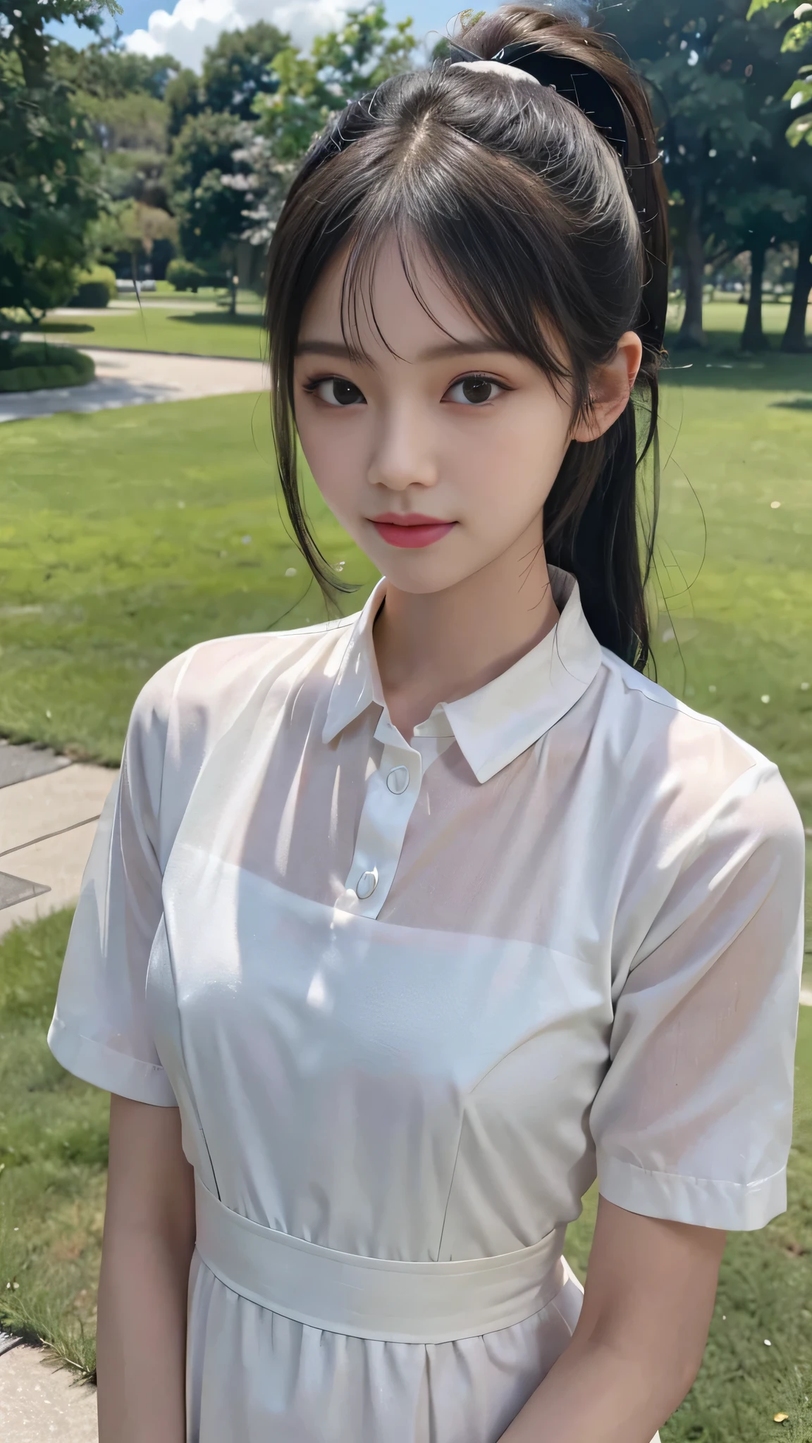 collared dress,European park,On the lawn,Close up face,One woman,masutepiece, The highest image quality, High quality, the background is clear,Beautiful woman, Japanese,Ultra-detailed, finely detail, hight resolution, 8K Wallpaper, Perfect dynamic composition, Beautiful detailed eyes , Detailed, Detailed eyes, Detailed skin, Beautiful skin, 超hight resolution, (reality: 1.4),Very beautiful woman, Slightly younger face, Beautiful skin, slender, (Ultra photo realsisim), (hight resolution), (8K), (Very detailed) (beautifully detailed eyes), (super detailed), (Detailed face), view the viewer, Fine details, Detailed face, Staring straight ahead, Staring straight ahead, photos realistic, Bright lighting, Professional Lighting, Black hair,poneyTail,a baby face,sixteen years old,Hairstyle: ponytail,Long ponytail hairstyle,slight smile,neat and tidy clothing,Beautiful Japanese KPOP idol photo, hair style is ponytail, my eyes are double and wide, baby face, smile and look straight ahead, slender, small breasts,Close up face,