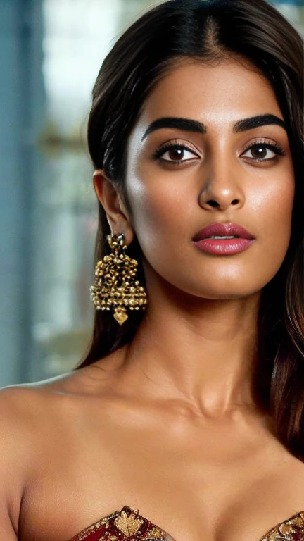 extreme close up photo of semi naked Pooja hegde,slim, bedroom, (cinematic:1.3), intricate details, (ArtStation:1.2),((trimmed  eyebrows)), cool atmoshpere,cold room,30 year old