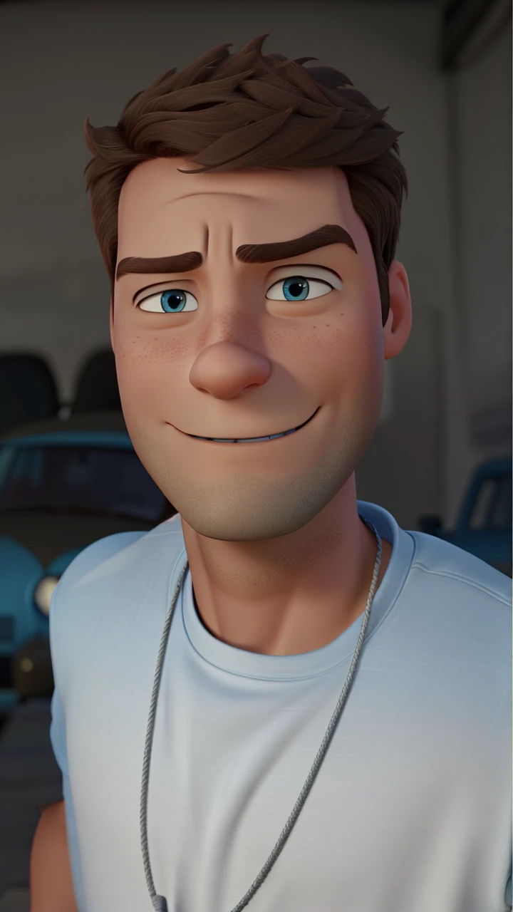 A man with light brown blue eyes, disney pixar style, high qualiy, best quality leaning against a car in the background