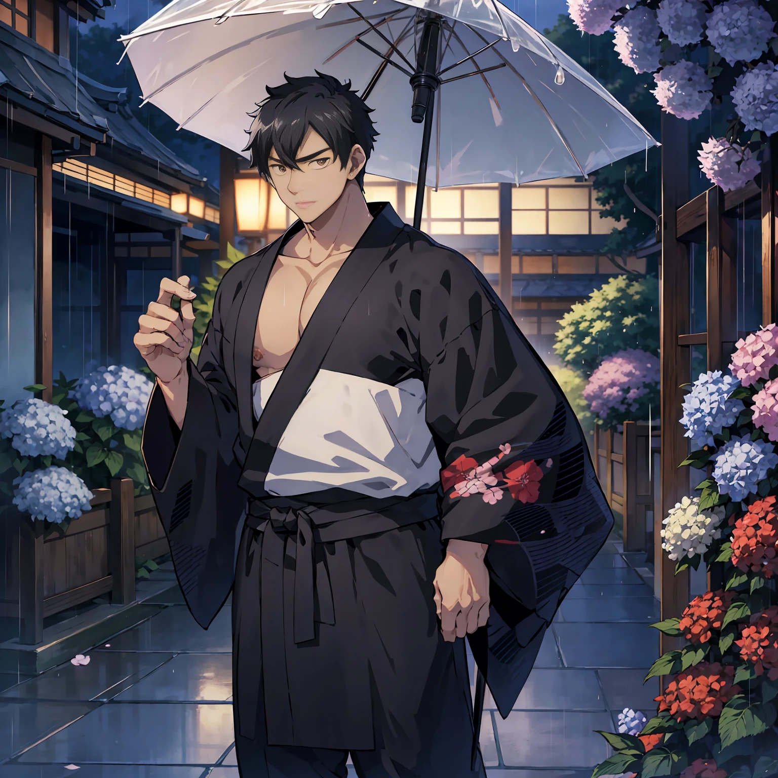 Japanese male, alone, full body visible, young man in late 20s, young man standing in rain, holding Japanese umbrella, surrounded by hydrangea flowers, picturesque Japanese cityscape, anime-like image, high resolution, fantastic atmosphere, looking directly at us, Shinkai Makoto, Shinkai Makoto style, Young man standing on right side, thin young man, serious expression, black hair, navy blue kimono kimono, black obi, black geta, figure to right side, left side empty, highest quality