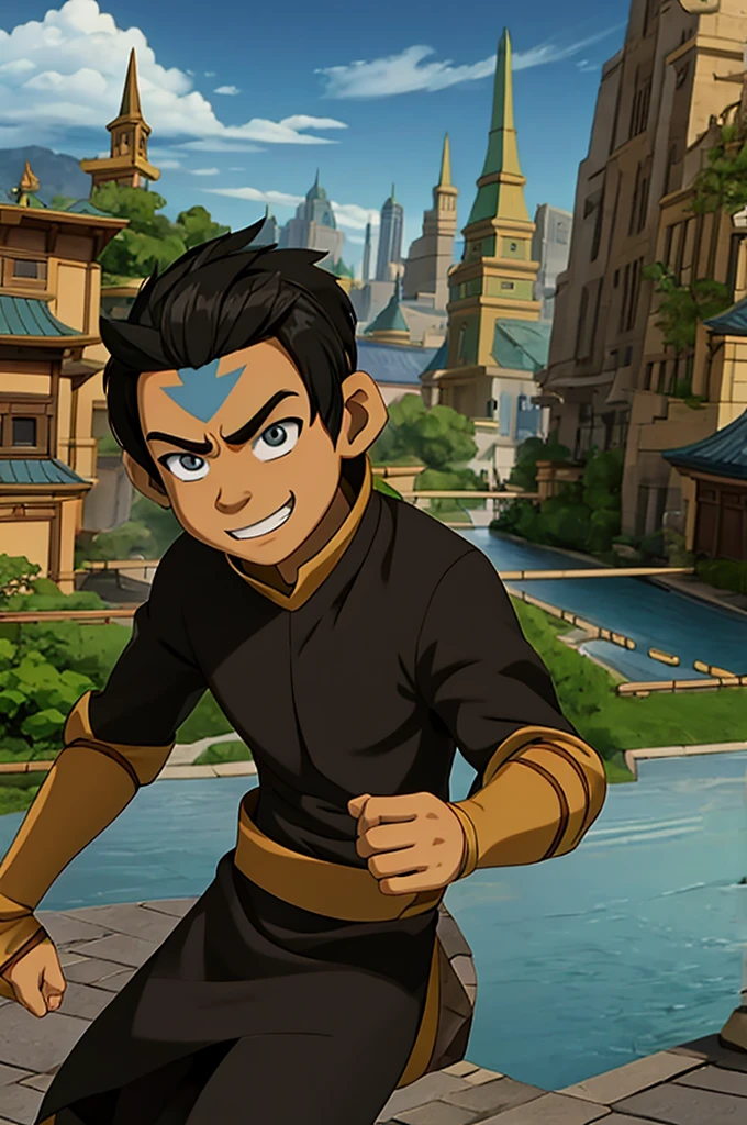 Avatar The Last Airbender Screencap of a male characters with hair black and eyes green He has a expression happy scenery is city He is wearing Black shirts