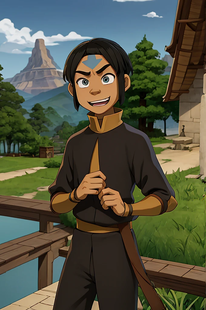 Avatar The Last Airbender Screencap of a male characters with hair black and eyes green He has a expression happy scenery is city He is wearing Black shirts