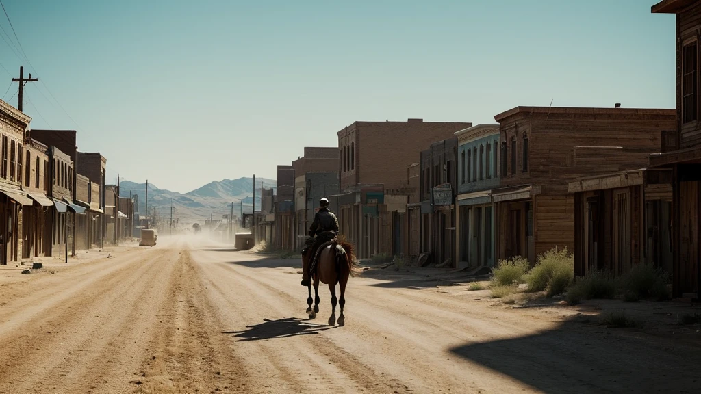 Realistic lone gunslinger named Johnny riding into the deserted town of Redemption on his horse. The town has boarded up buildings and tumbleweeds blowing down the streets. unreal engine, cinematic