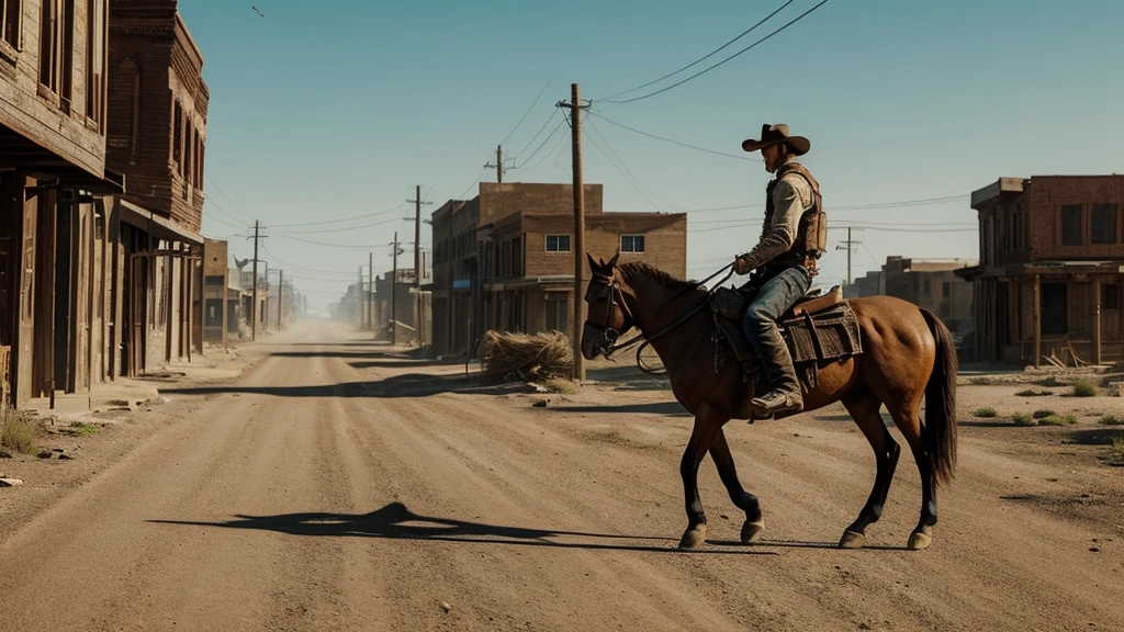 Realistic lone gunslinger named Johnny riding into the deserted town of Redemption on his horse. The town has boarded up buildings and tumbleweeds blowing down the streets. unreal engine, cinematic