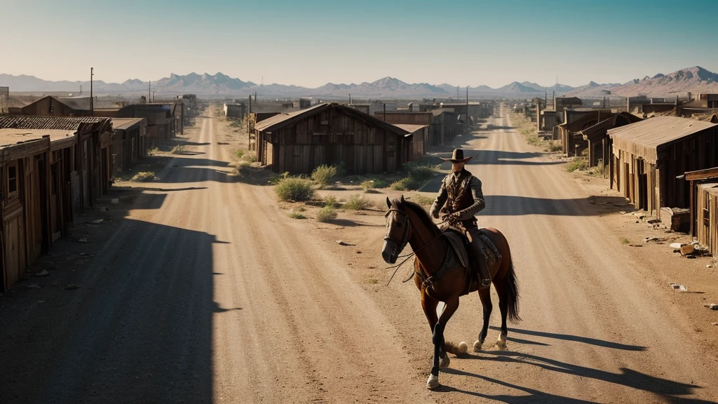 Realistic lone gunslinger named Johnny riding into the deserted town of Redemption on his horse. The town has boarded up buildings and tumbleweeds blowing down the streets. unreal engine, cinematic