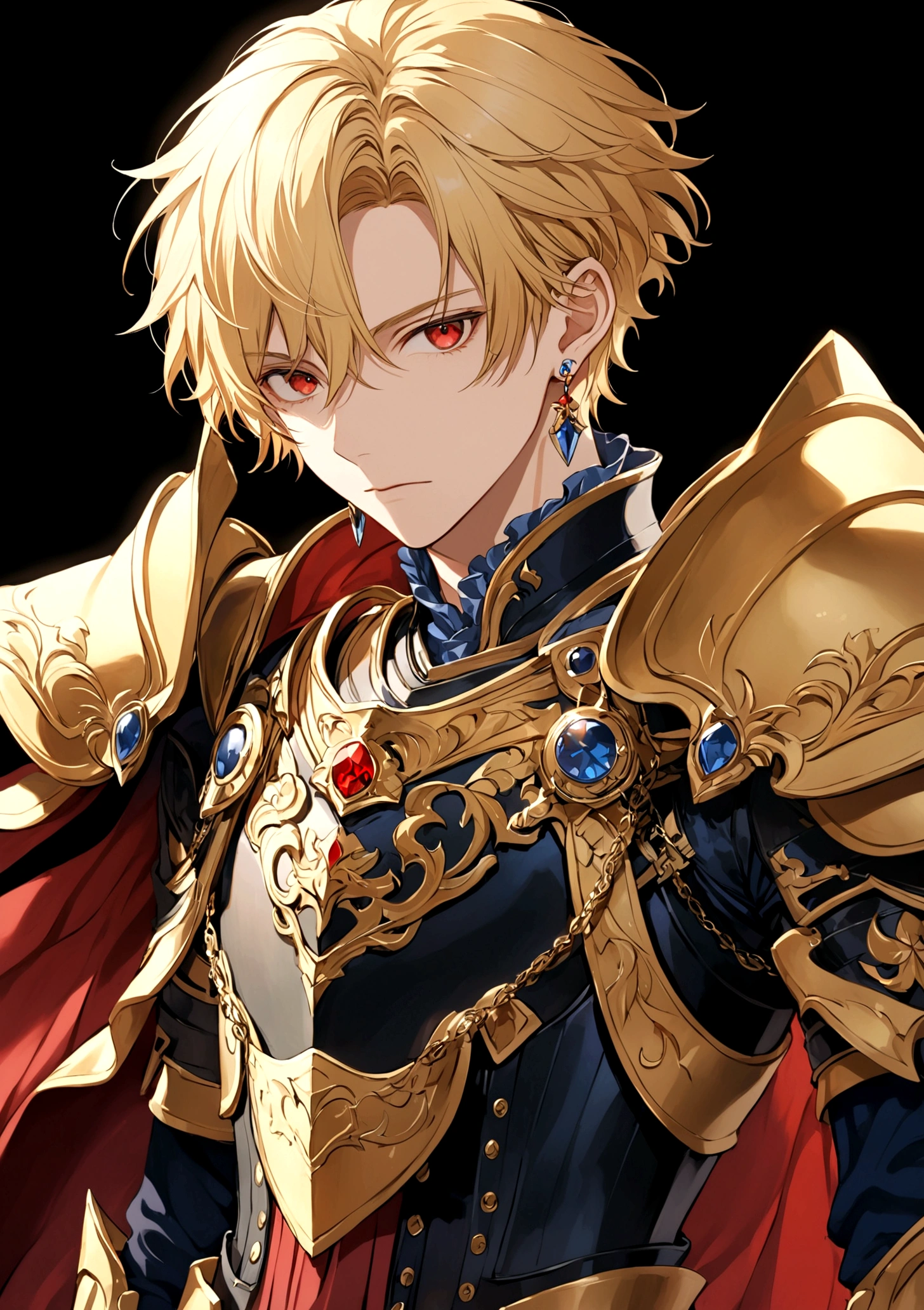 solo, short hair, blonde hair, red eyes, 1boy, jewelry, male focus, earrings, armor, 