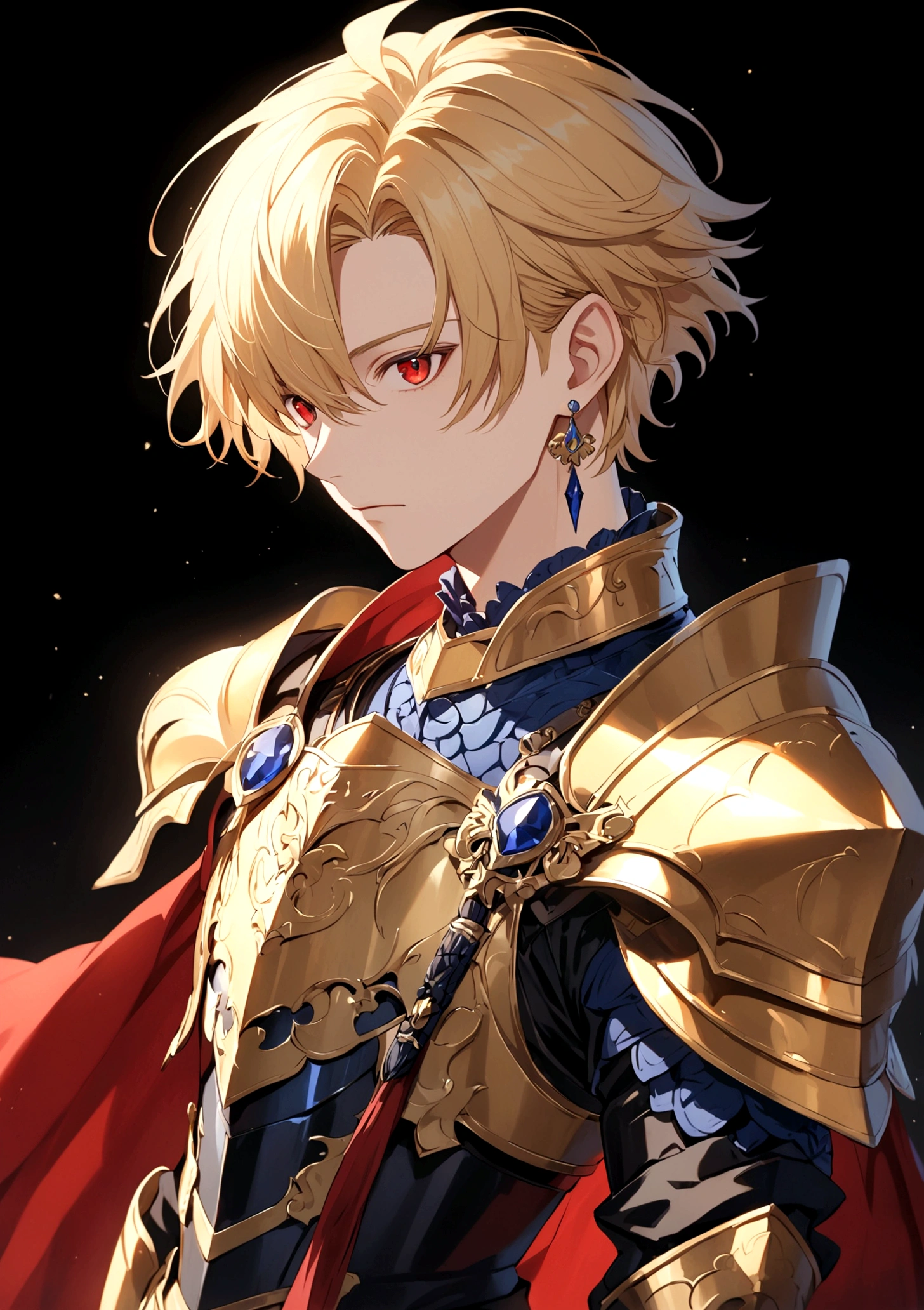 solo, short hair, blonde hair, red eyes, 1boy, jewelry, male focus, earrings, armor, 