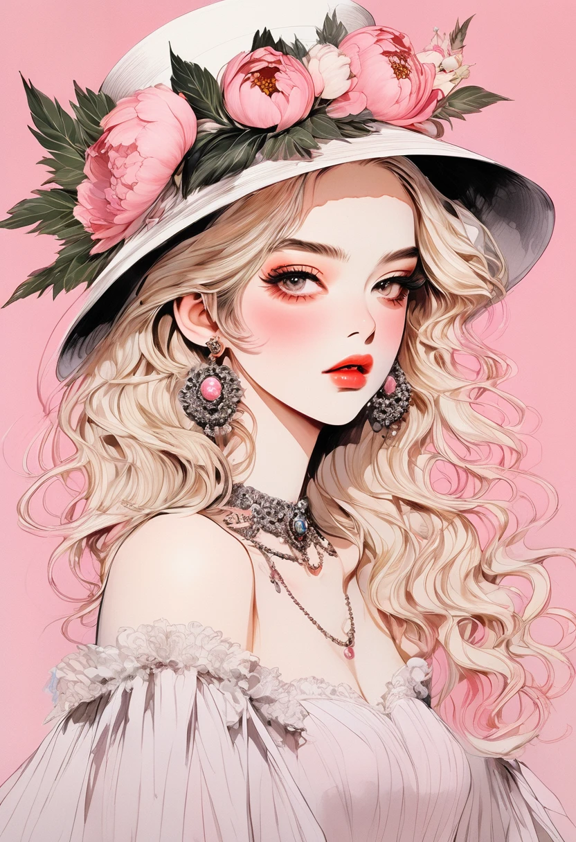 (Highest quality:0.8), (Highest quality:0.8), Perfect illustration,Beautiful woman portrait、One girl, bangs, Black nails, Blonde, Mouth closed, clavicle, ear Earrings, Earrings, Fashion G, hair ornaments, Food, Foodie, Jacket, jewelry, looking at iniewer, Medium Hair, Manicure, necklace, Earrings, short hair, Peony stalk, sleeines past wrists, 一人in, Both sides up, Upper Body, in, Pop Background、Droopy eyes、Celebrity Hat、ぱっつんbangs、summer、Pink gradient background、Earrings、Masquerade Mask、Masquerade Mask、Party Masks、