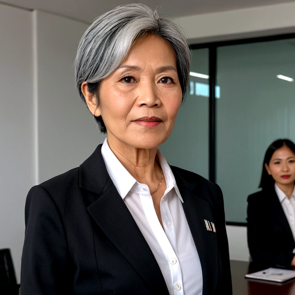a sixty years woman, Indonesian face, sociologist, friendly, caring face, peaceful face, facing camera, black-silver hair, collar short hair, fashion hair cut, black blazer, white shirt, standing-talking in an executive meeting, fantastic photoshot, dramatic angle, extremely detailed, uhd, 8k, dramatic light, infographic chart background
