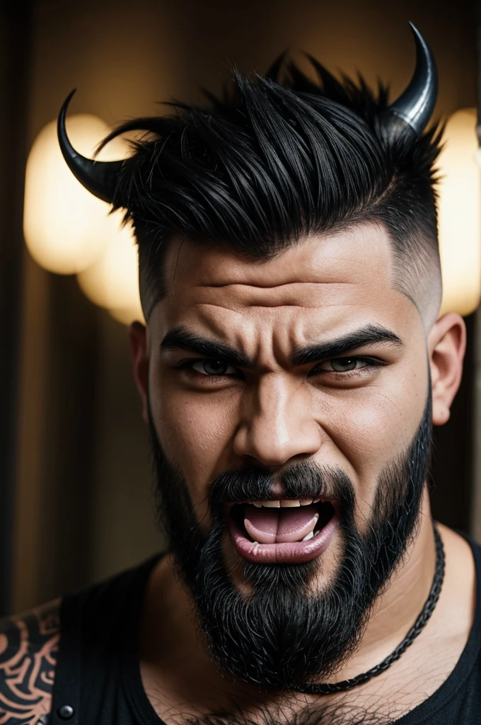 Man with small horns wild punk hairstyle shaved on the sides black hair and ogre fangs sticking out his tongue with outlined beard anime style (physically strong)