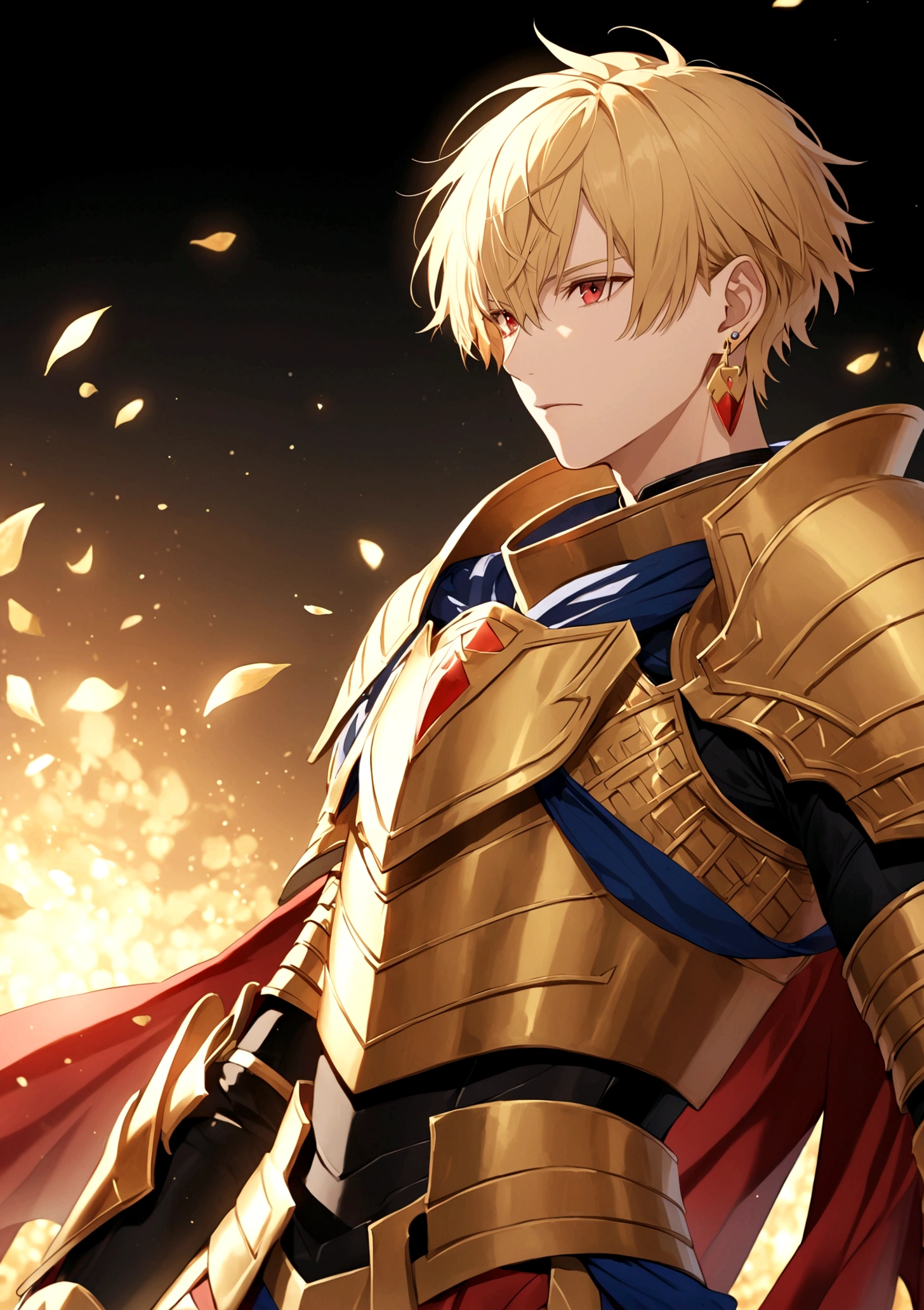 solo, short hair, blonde hair, red eyes, 1boy, jewelry, male focus, earrings, armor, gilgamesh \(fate\)