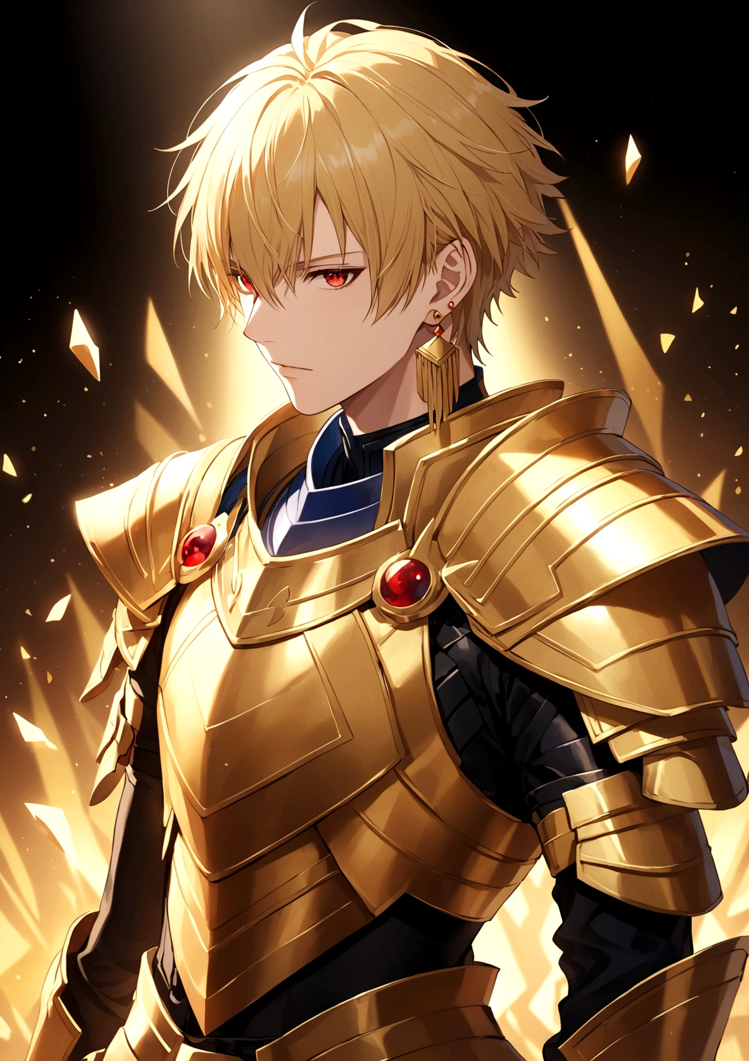 solo, short hair, blonde hair, red eyes, 1boy, jewelry, male focus, earrings, armor, gilgamesh \(fate\)