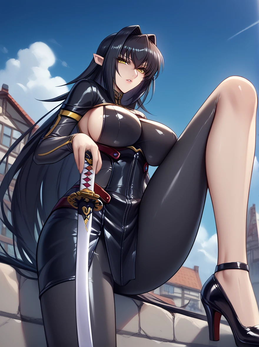 score_9, score_8_up, score_7_up, score_6_up, score_5_up, BREAK,
Annerose is stepped on rock and holding katana, holding, katana, stepping, leg up, from below, close-up,
pointy ears, 1girl, solo, cowboy shot,
looking at viewer, parted lips, self-confidence, confident, raised eyebrows,
black hair, long hair, yellow eyes,
black bodysuit, turtleneck, sideboob, skin tight, high heels, shiny,
curvy, large breasts, thighs,
rooftop, sky, village,
