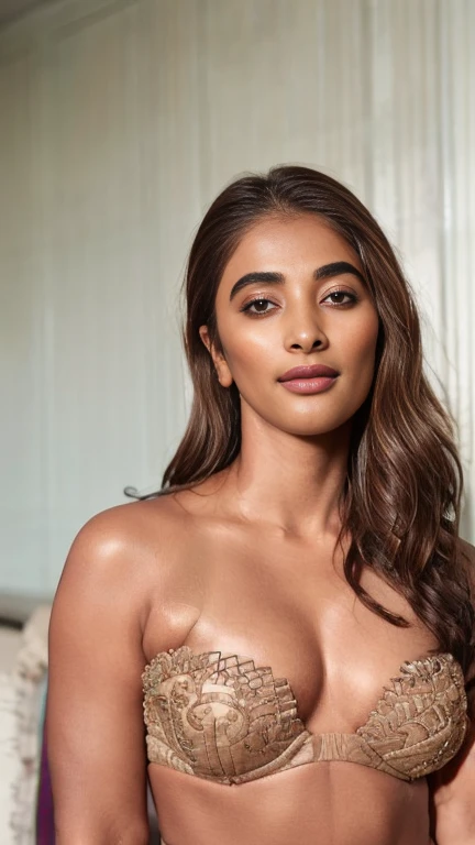 extreme close up photo of semi naked Pooja hegde,slim, bikini, bedroom, intricate details, cold room, lean eyebrow, pooja hegde, free shaggy hair