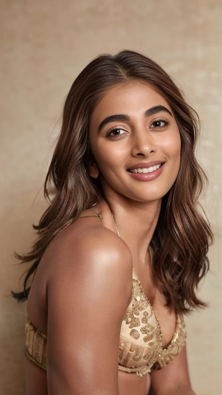 extreme close up photo of semi naked Pooja hegde,slim, bikini, bedroom,  intricate details, cold room, lean eyebrow, pooja hegde, free shaggy hair