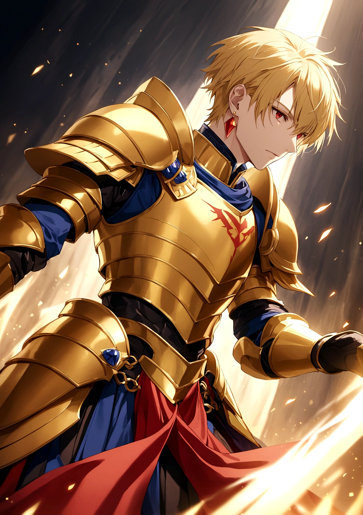 solo, short hair, blonde hair, red eyes, 1boy, jewelry, male focus, earrings, armor, gold armor, gilgamesh \(fate\)